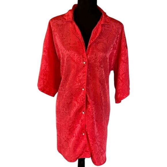 Vintage 90s Victoria’s Secret Red/Coral Satin Jacquard Shirt Dress M/L Rare Find - Picture 1 of 6